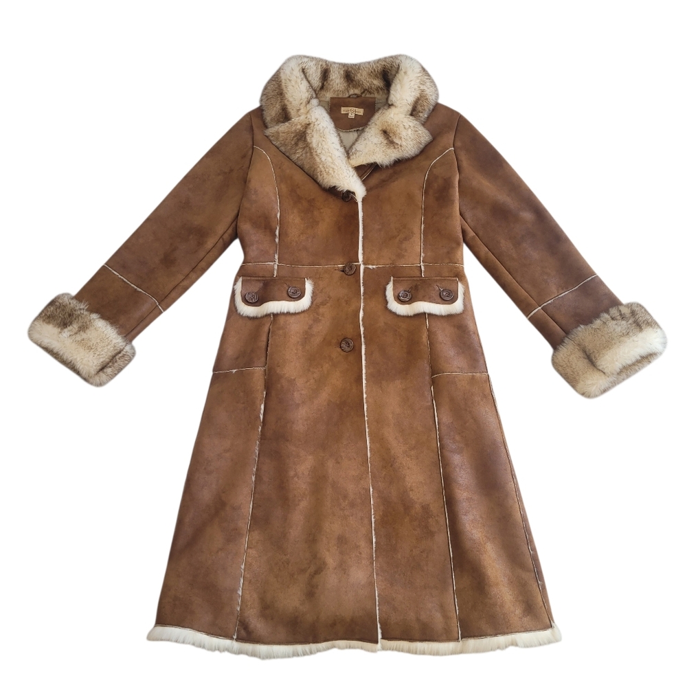 Stunning WILSONS Brown Long Faux Suede Fur Trim Sherpa Shearling Coat Y2K Sz M